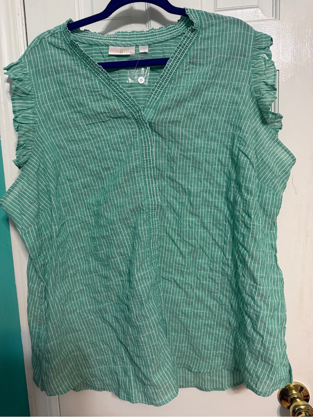 Belle by Kim Gravel, Pinstripe Ruffle Shoulder Top, Mint Green, NWOT, 2X, $20